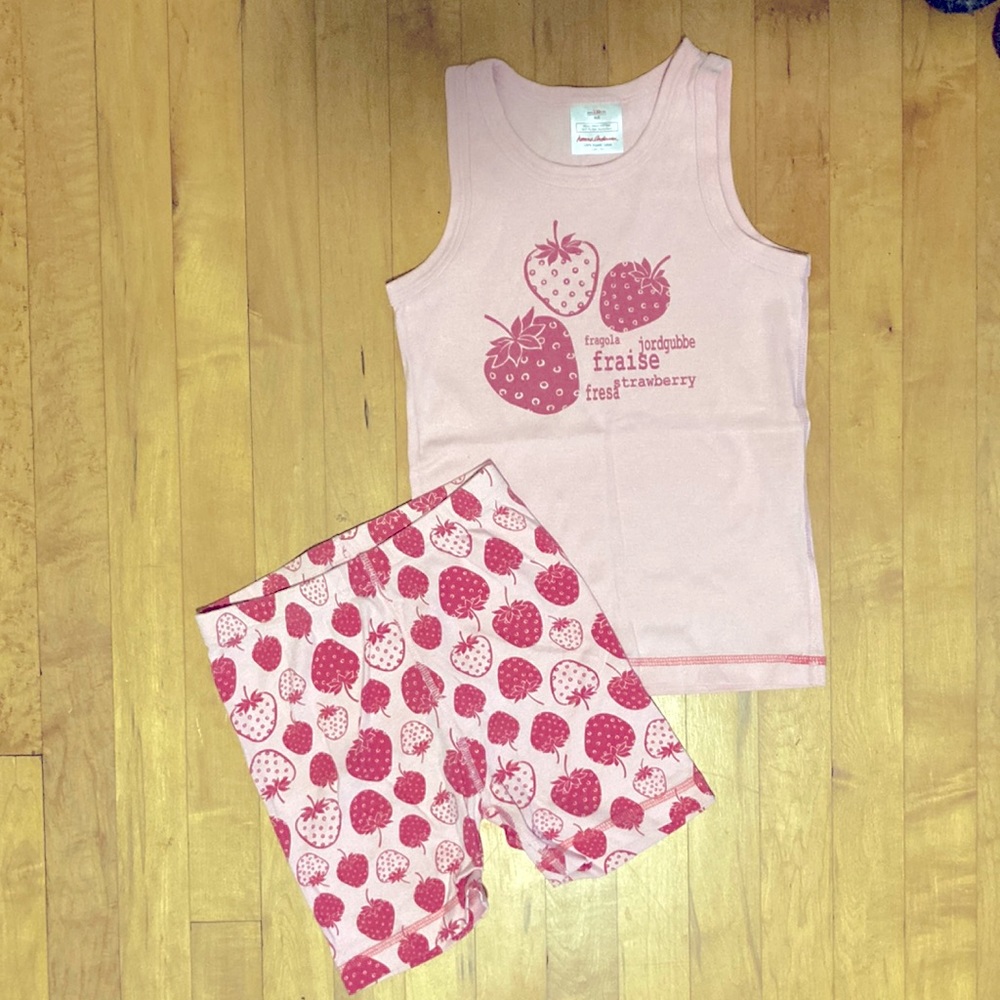 Girls HANNA ANDERSSON pink strawberry short johns summer pajamas PJs 130cm 8